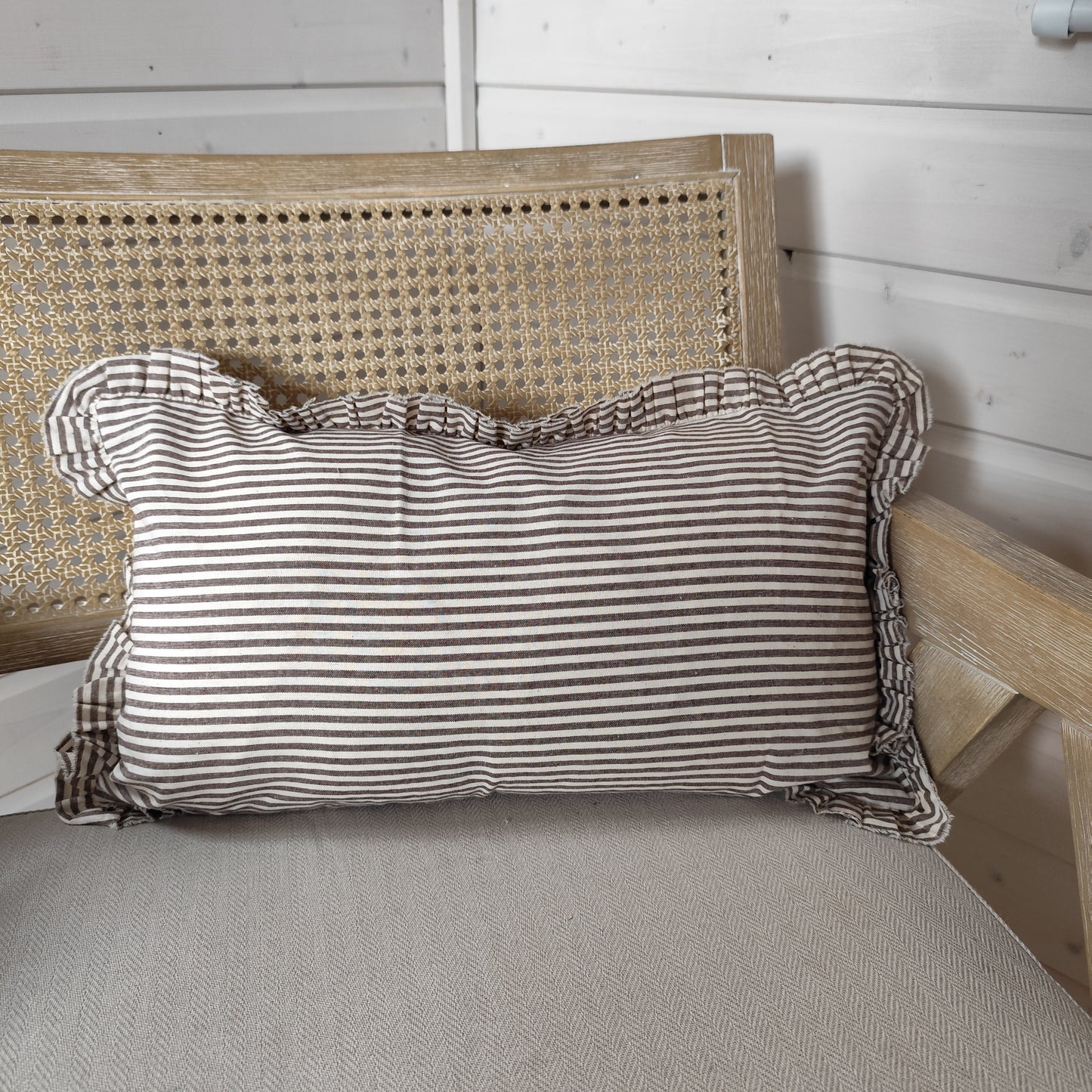 Darcy Ruffle Cotton Cushion Cover – Dark Brown Stripe - 50 x 30 cm