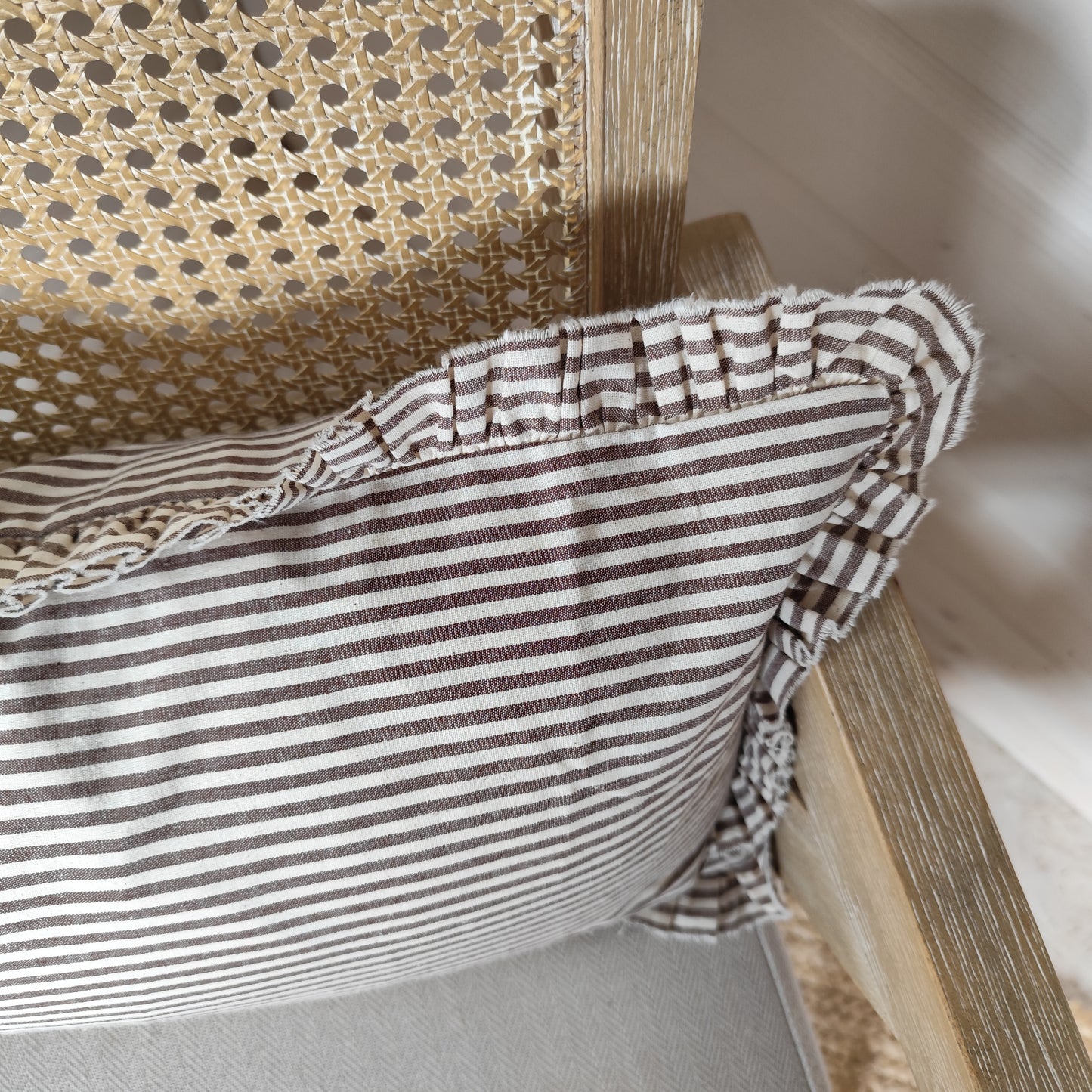 Darcy Ruffle Cotton Cushion Cover – Dark Brown Stripe - 50 x 30 cm