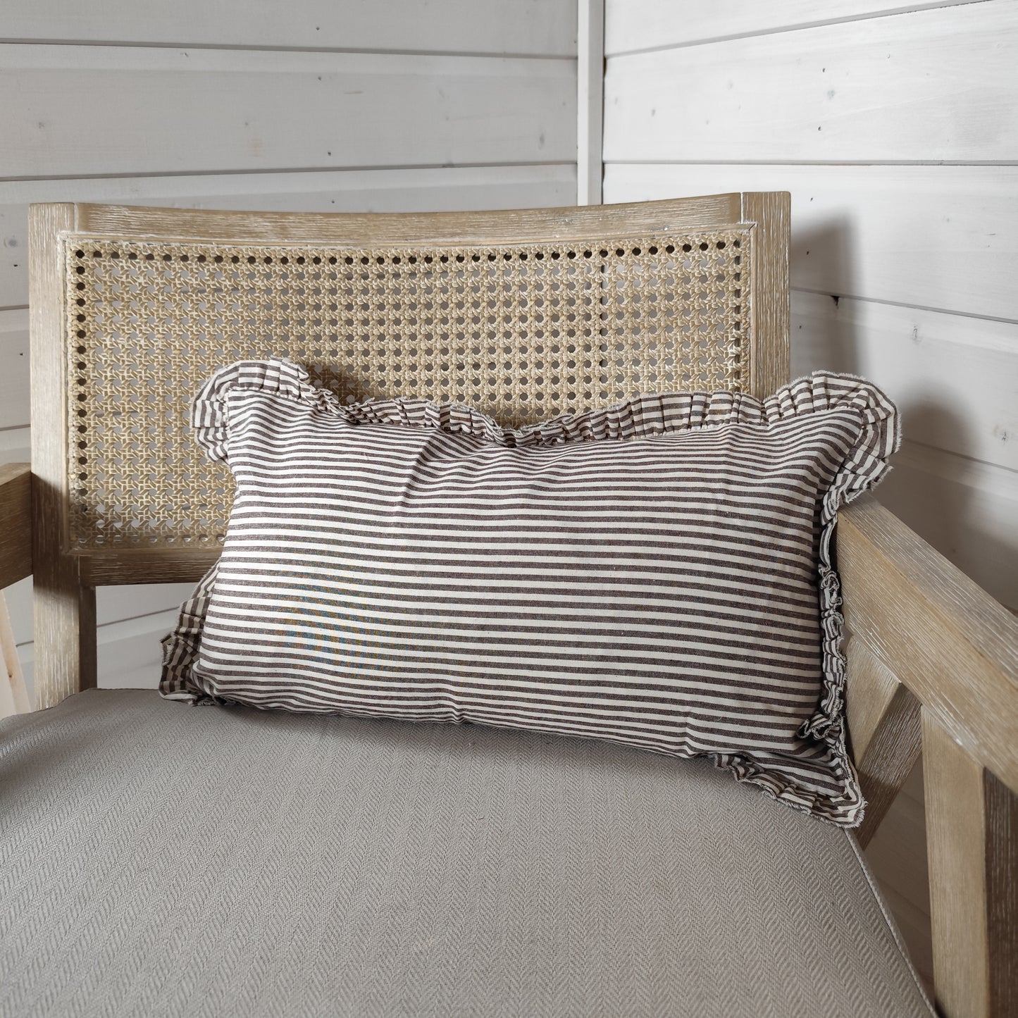 Darcy Ruffle Cotton Cushion Cover – Dark Brown Stripe - 50 x 30 cm