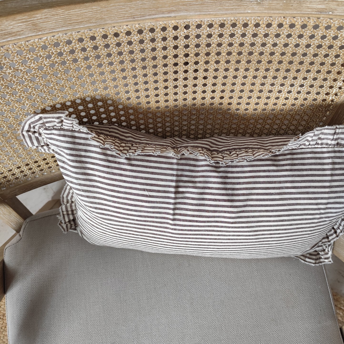 Darcy Ruffle Cotton Cushion Cover – Dark Brown Stripe - 50 x 30 cm