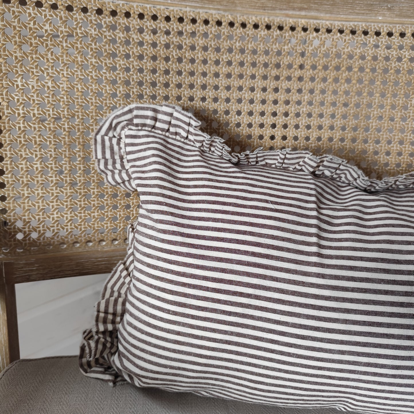 Darcy Ruffle Cotton Cushion Cover – Dark Brown Stripe - 50 x 30 cm