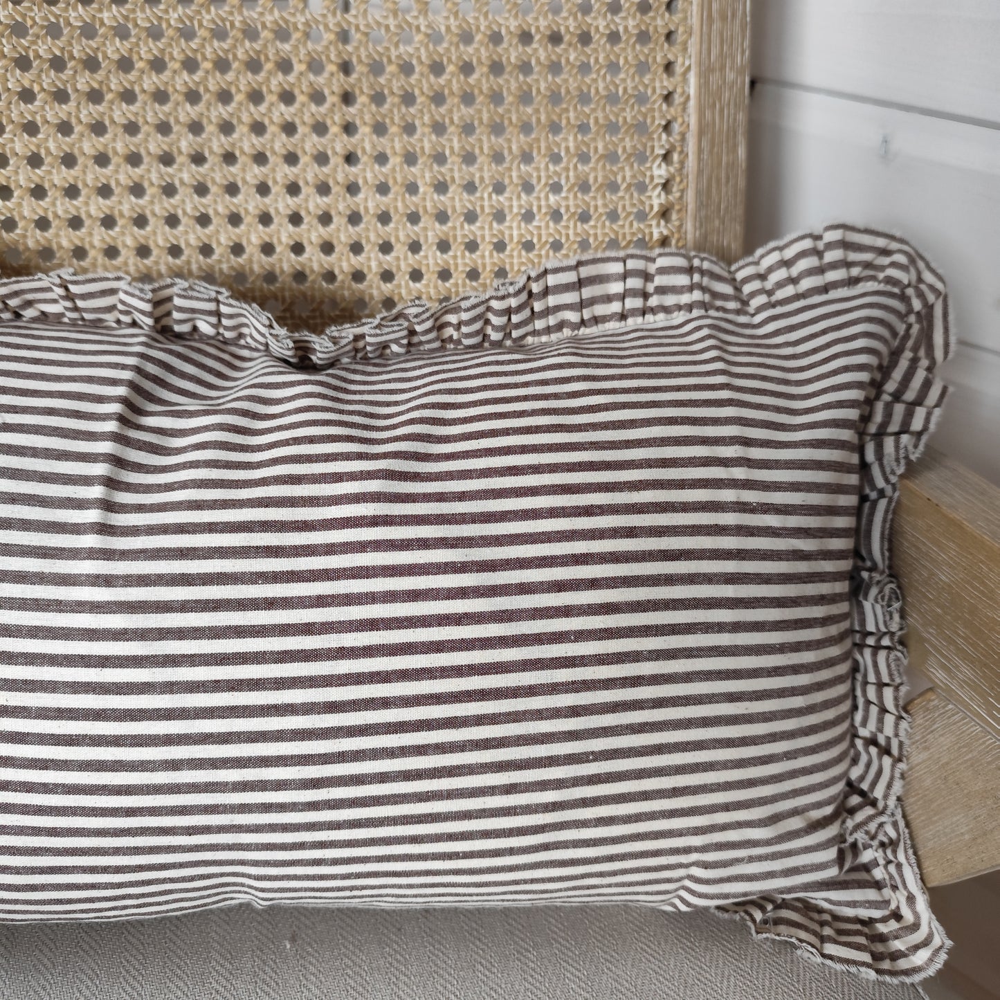 Darcy Ruffle Cotton Cushion Cover – Dark Brown Stripe - 50 x 30 cm