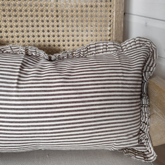 Darcy Ruffle Cotton Cushion Cover – Dark Brown Stripe - 50 x 30 cm
