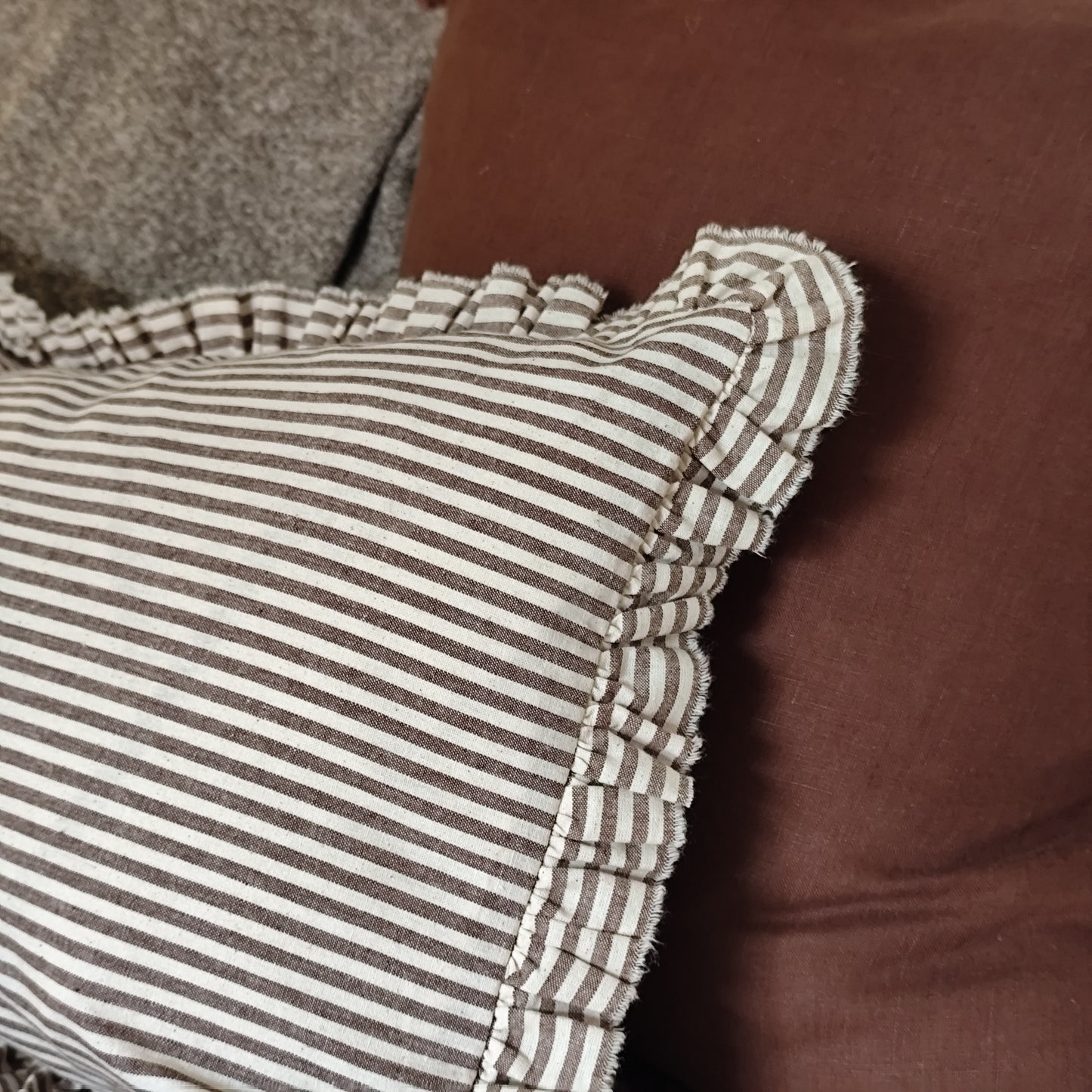 Darcy Ruffle Cotton Cushion Cover – Dark Brown Stripe - 50 x 30 cm