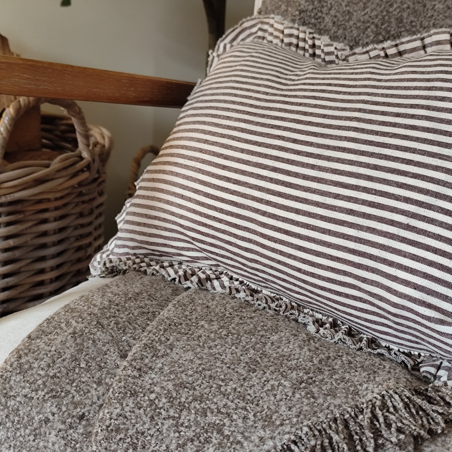 Darcy Ruffle Cotton Cushion Cover – Dark Brown Stripe - 50 x 30 cm