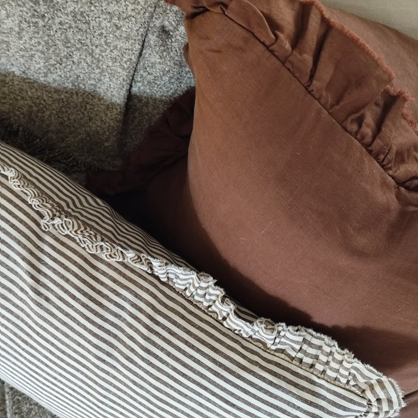 Darcy Ruffle Cotton Cushion Cover – Dark Brown Stripe - 50 x 30 cm