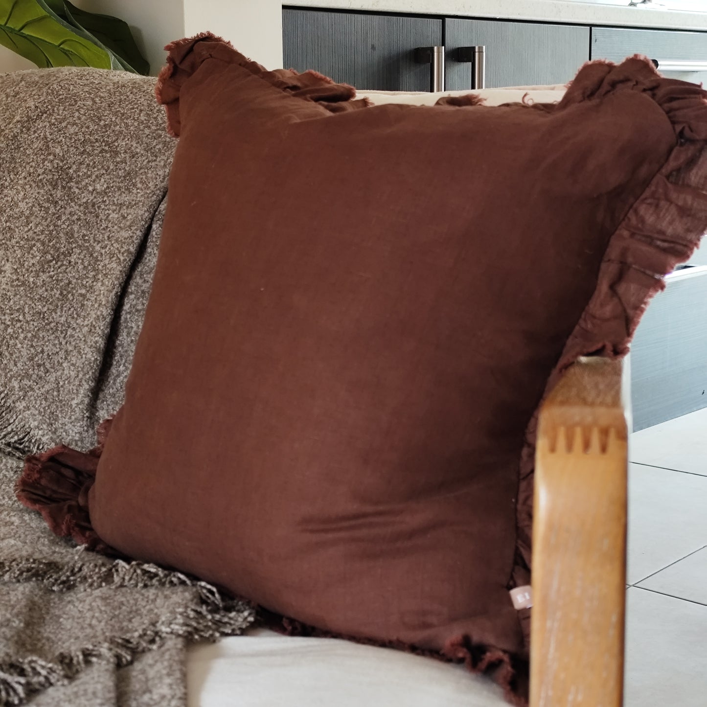 Hallie Ruffled Linen Cushion Cover – Deep Brown