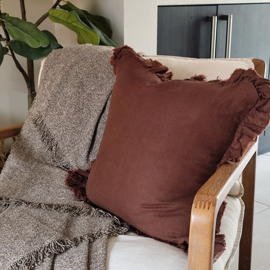 Hallie Ruffled Linen Cushion Cover – Deep Brown