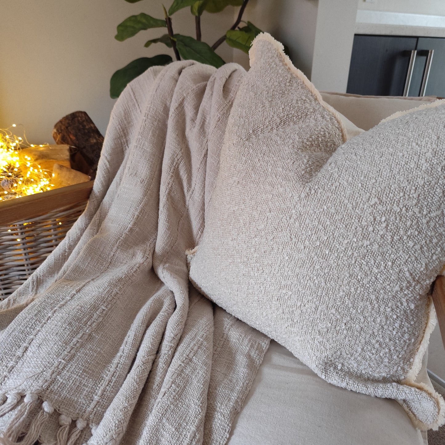 Large Cream Cotton Throw/Bedspread 150 X 220cm
