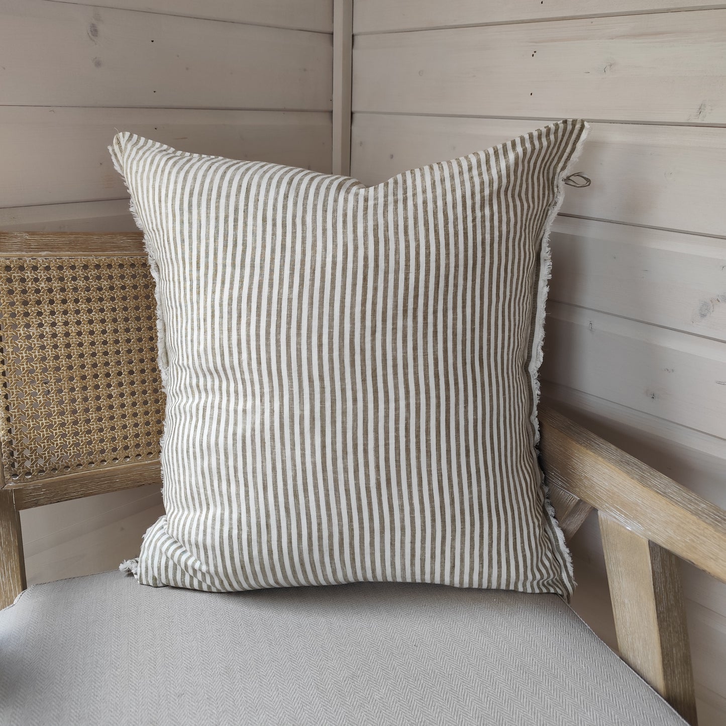 Esmee Linen Cushion Cover – Frayed Edge Olive Stripe