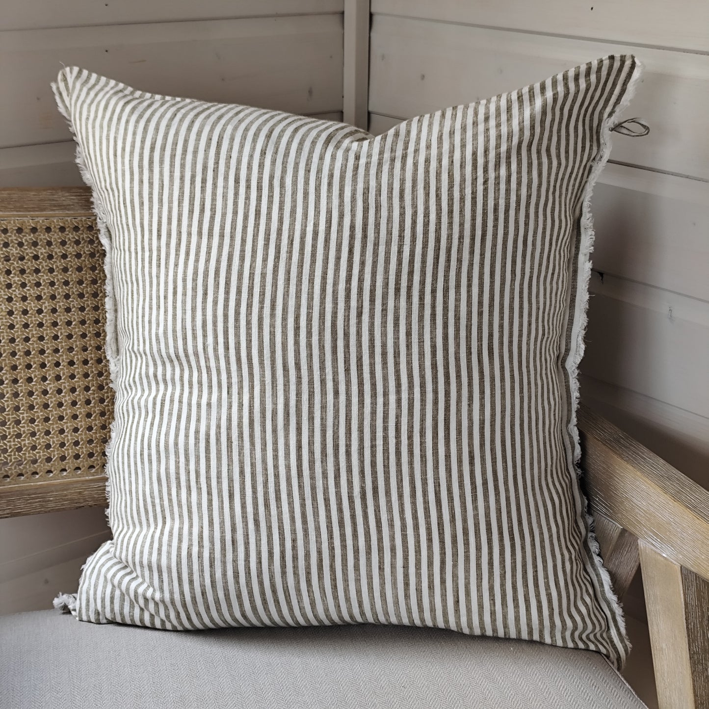 Esmee Linen Cushion Cover – Frayed Edge Olive Stripe