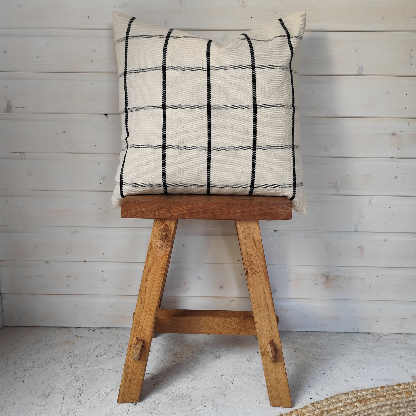 India Luxe Cotton Cushion Cover 53 x 53 cm – Black & Cream Check
