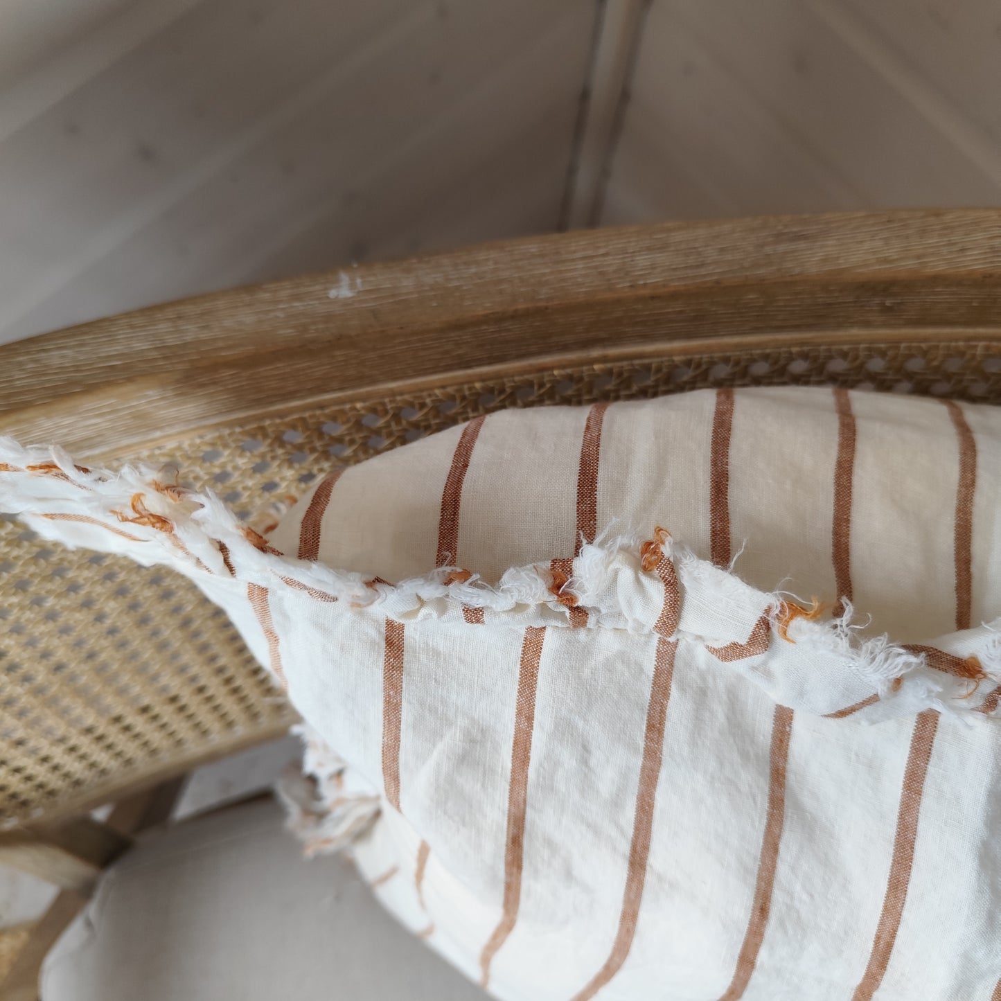 Hallie Ruffled Linen Cushion Cover – Brown & Cream Stripe
