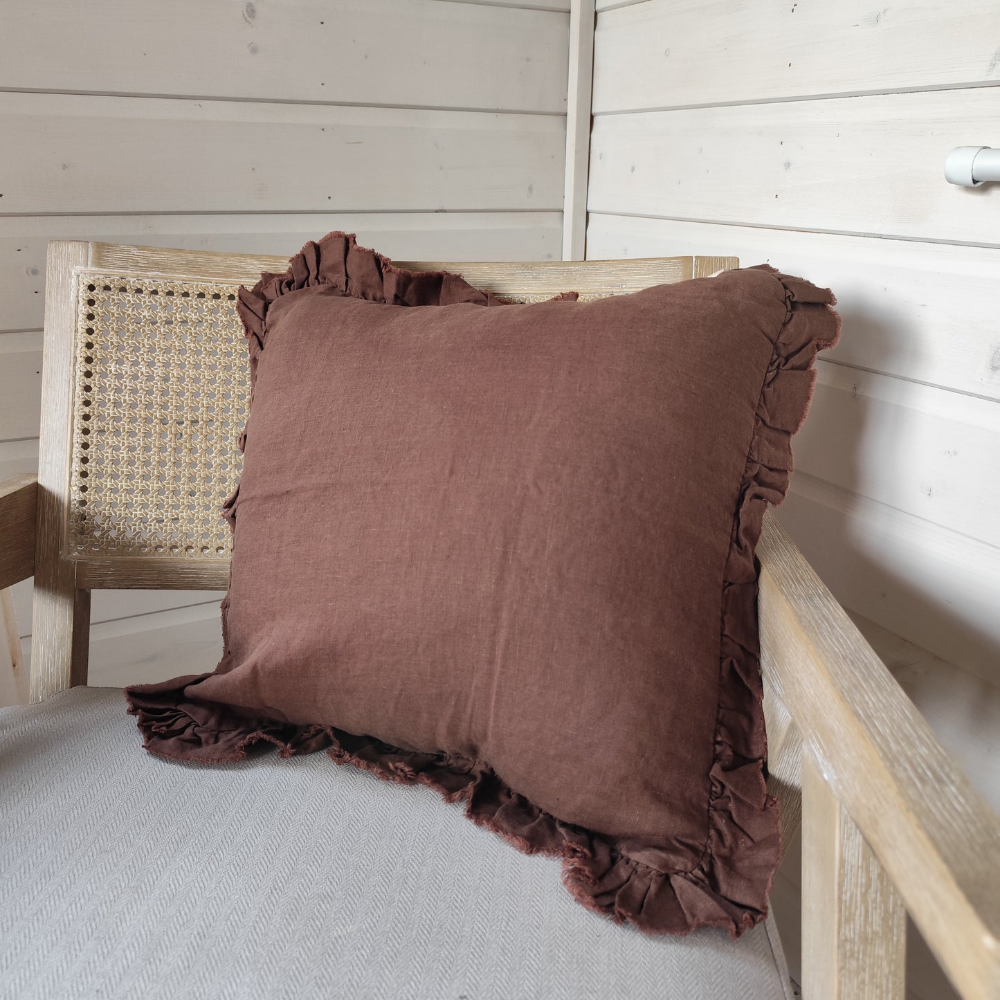 Hallie Ruffled Linen Cushion Cover – Deep Brown