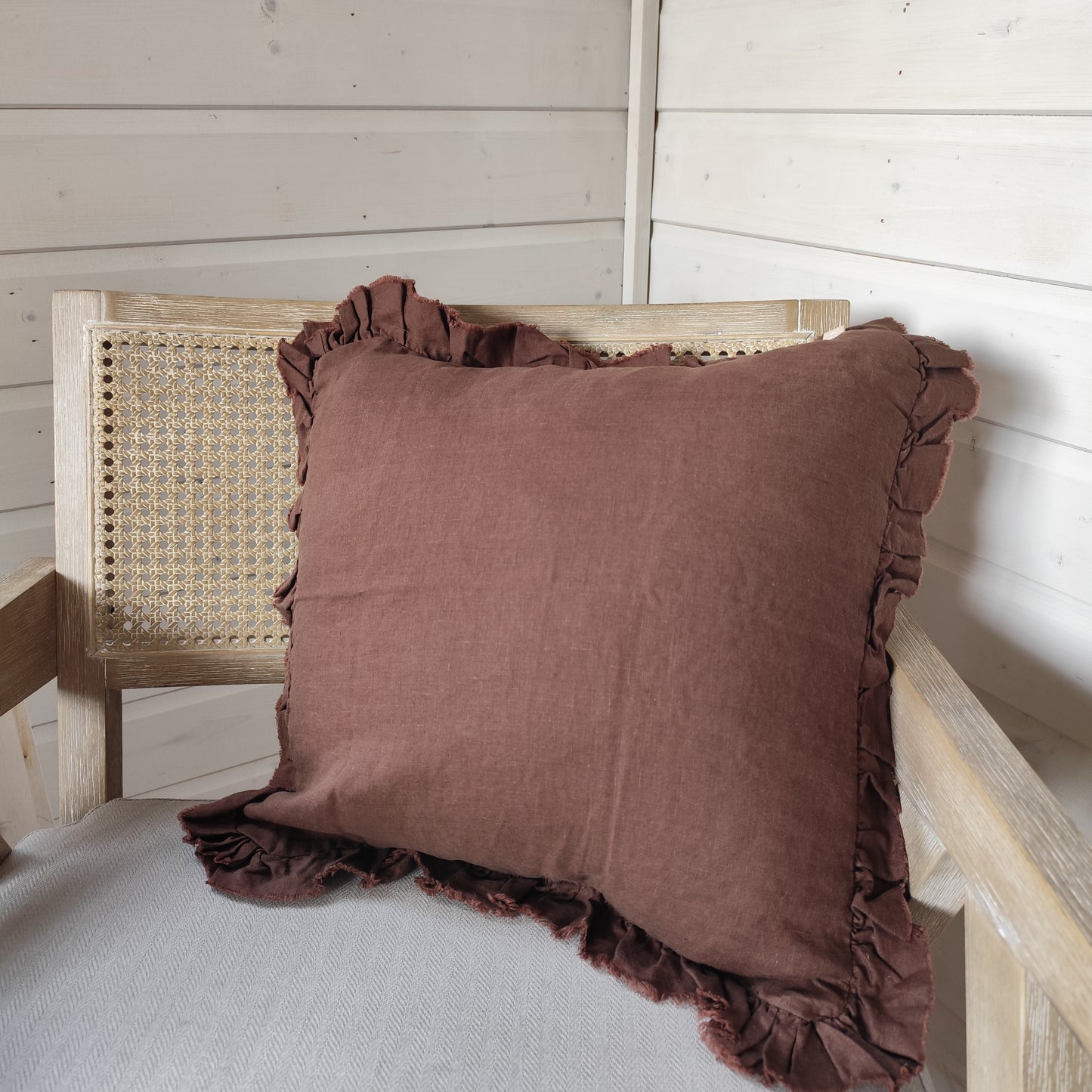 Hallie Ruffled Linen Cushion Cover – Deep Brown