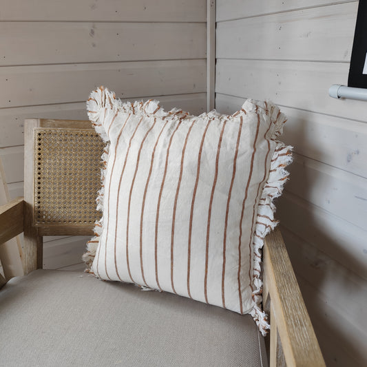 Hallie Ruffled Linen Cushion Cover – Brown & Cream Stripe