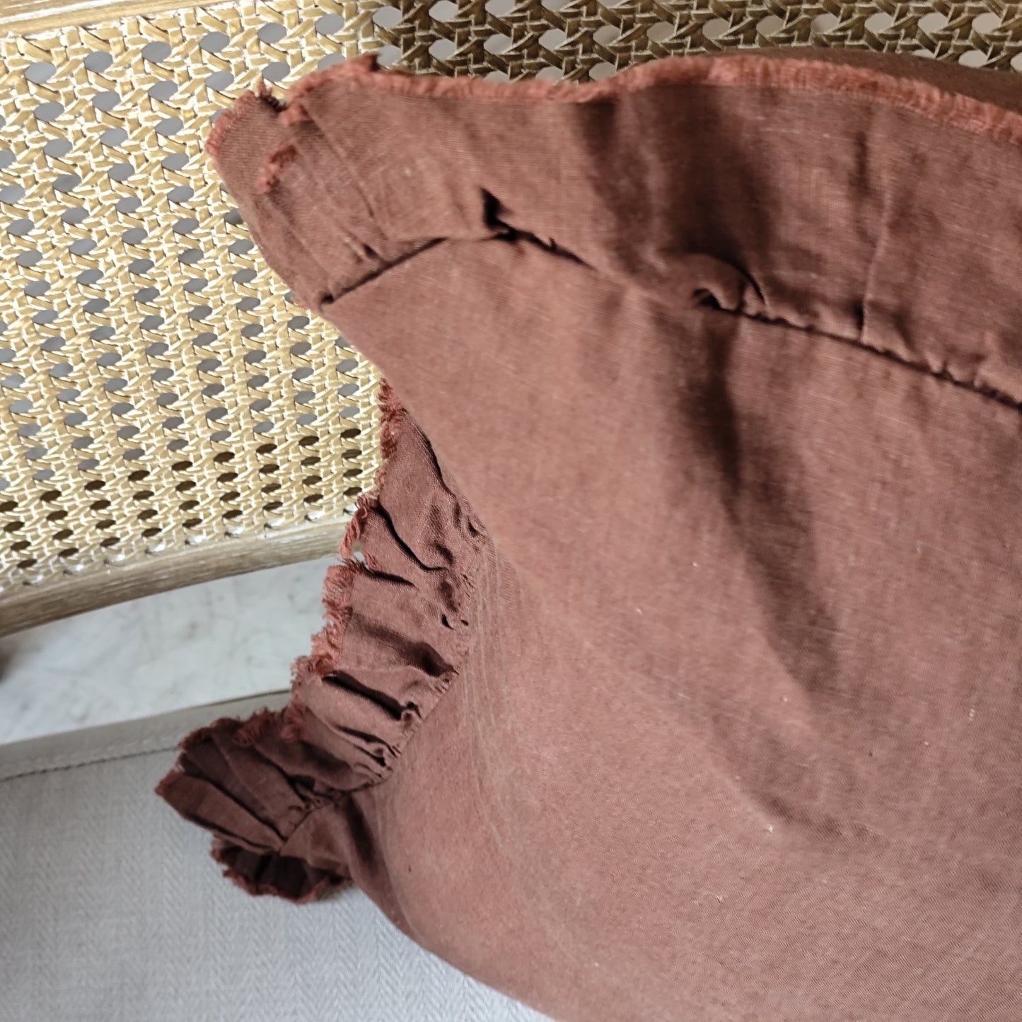 Hallie Ruffled Linen Cushion Cover – Deep Brown