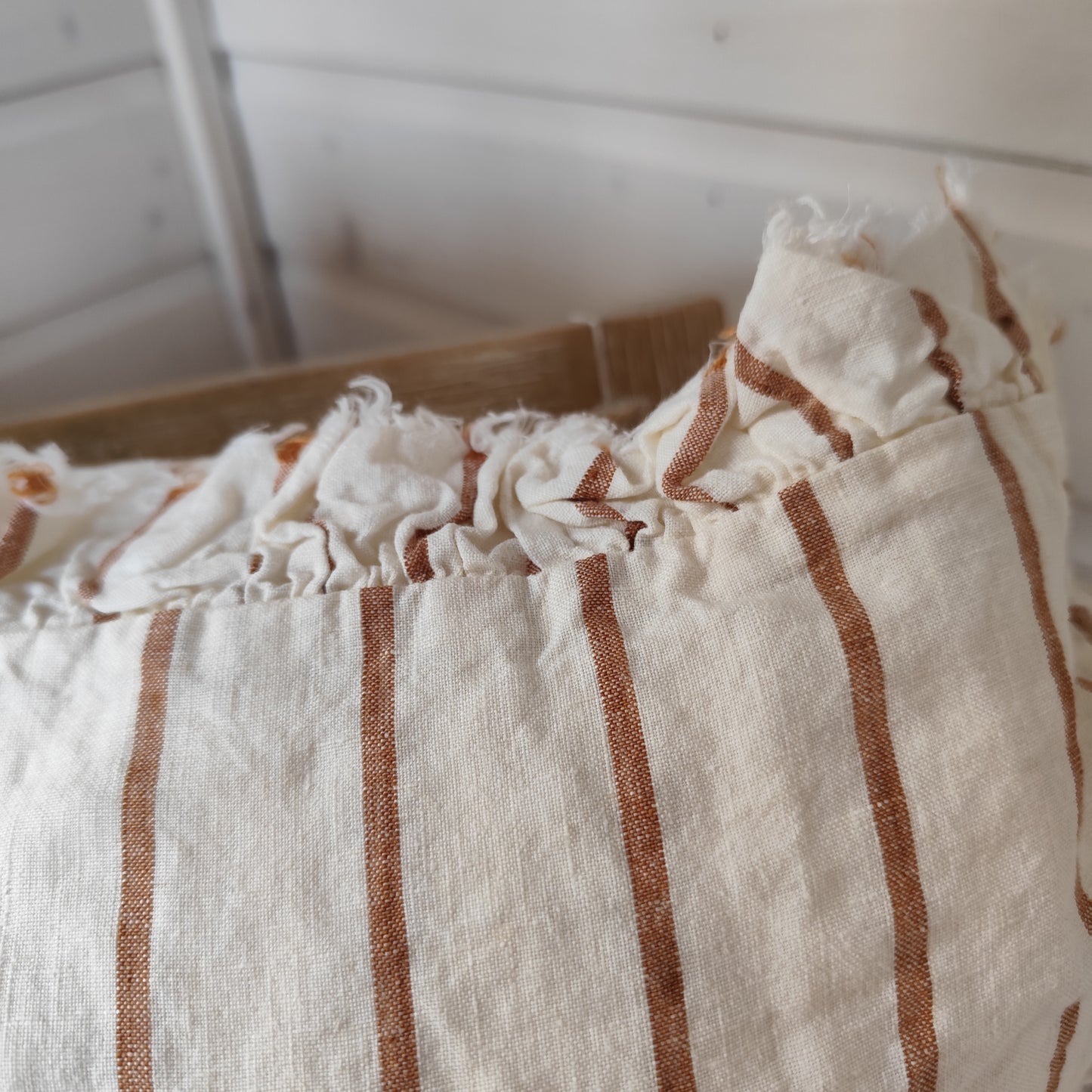 Hallie Ruffled Linen Cushion Cover – Brown & Cream Stripe