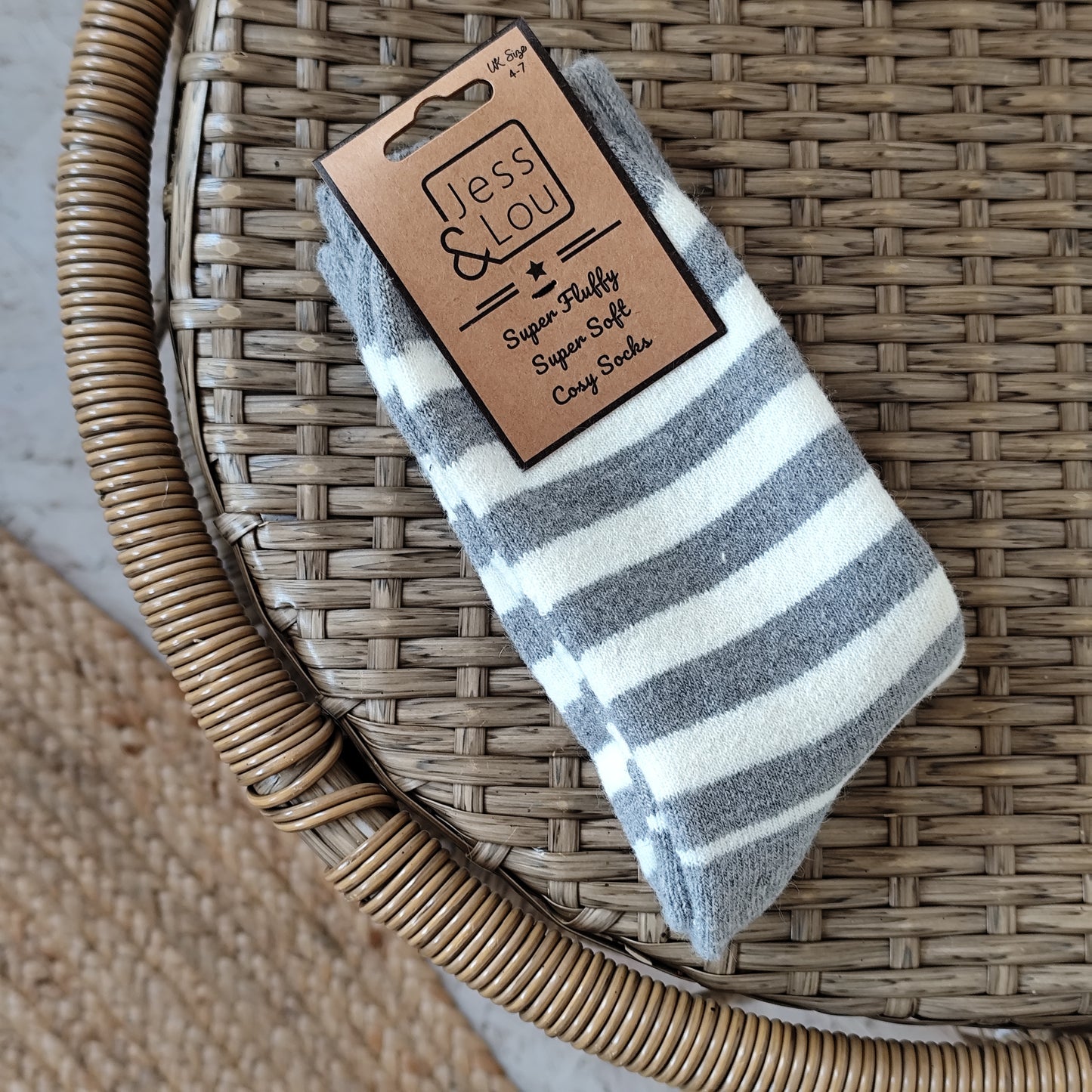 Jess & Lou - Super Soft, Cosy Socks - Grey & White Stripes