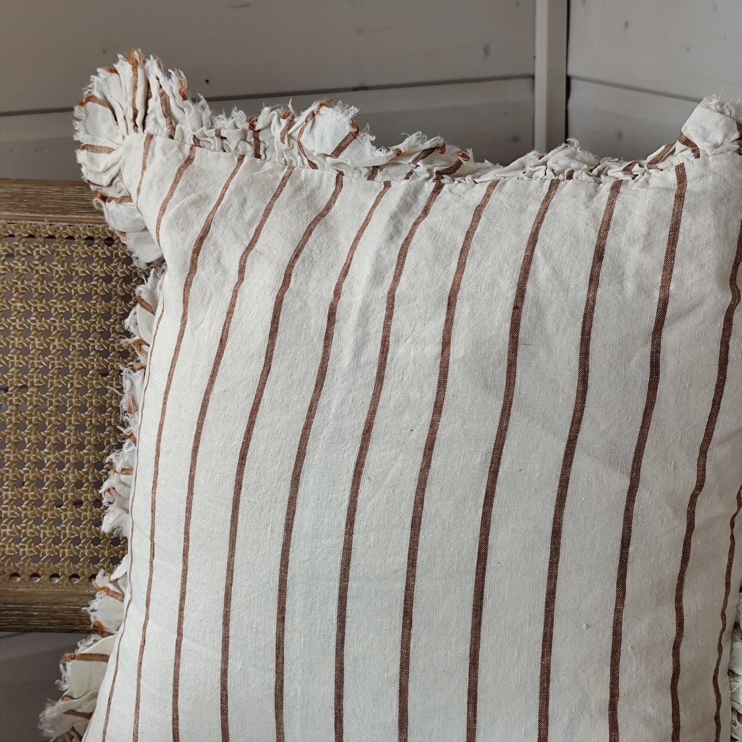 Hallie Ruffled Linen Cushion Cover – Brown & Cream Stripe