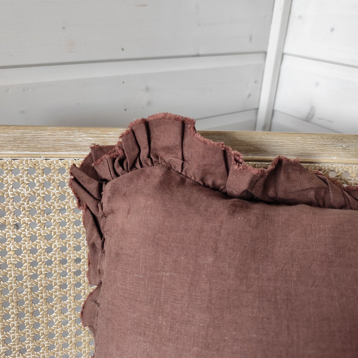 Hallie Ruffled Linen Cushion Cover – Deep Brown