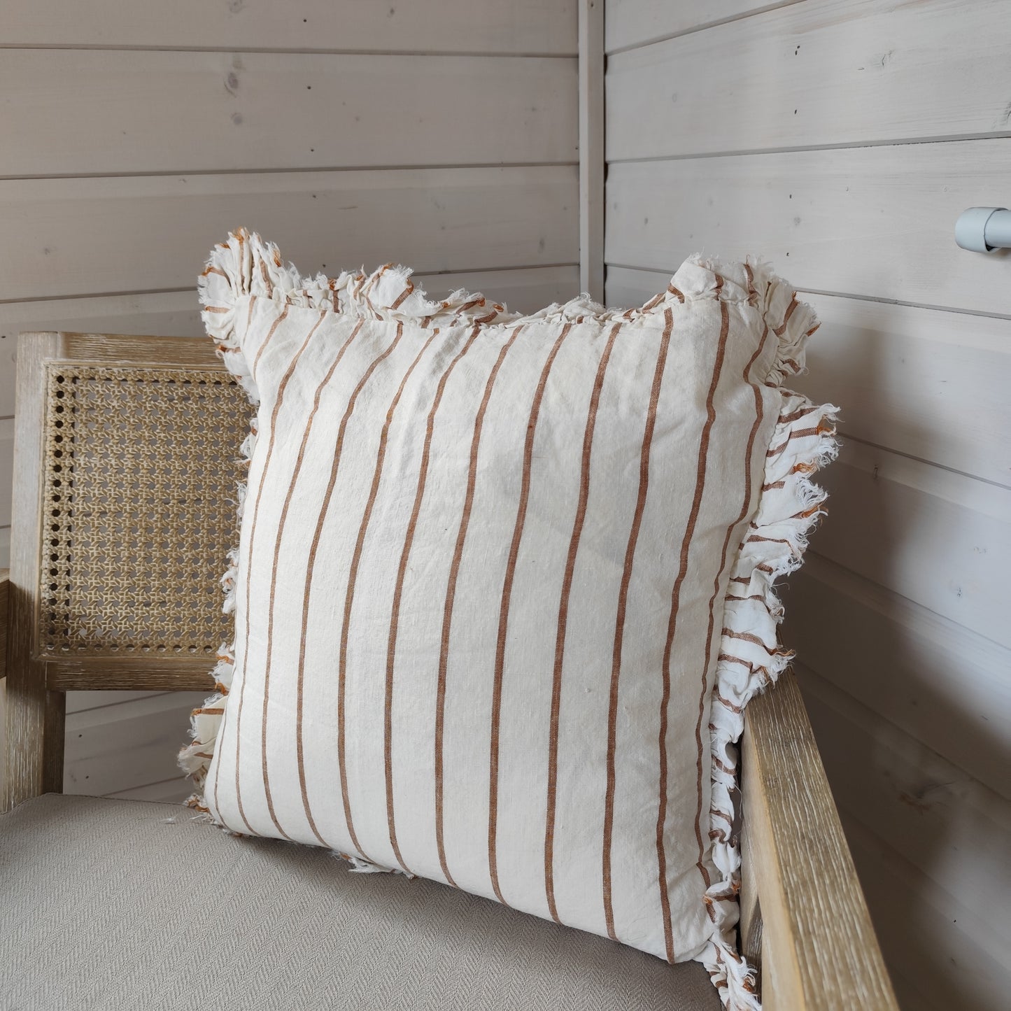 Hallie Ruffled Linen Cushion Cover – Brown & Cream Stripe