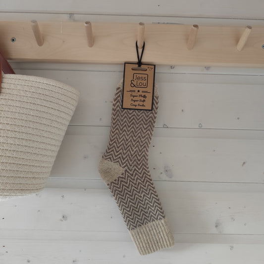 Jess & Lou - Super Soft, Cosy Socks - Brown Herringbone
